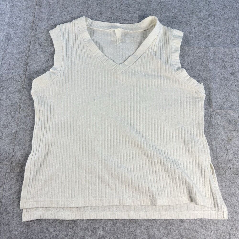 H&M Womens S Ivory Ribbed V Neck Sweater Vest Sleeveless Side Slit Top